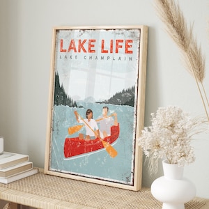 Red personalized CANOE couple • LAKE LIFE • Lake Champlain • canvas • Aluminum •  canoeing • art for lake house decor • vintage poster {vpl}