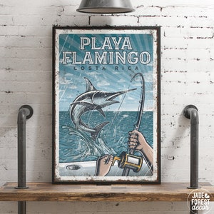 Custom blue fishing poster &gt; personalized marlin fishing art print, Playa Flamingo vintage sign for beach house decor {vpf}