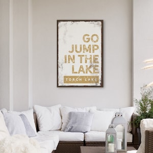 yellow GO JUMP in the LAKE sign &gt; vintage Torch Lake wall art for lakehouse decor, vintage farmhouse, butternut yellow lake sign {brw}