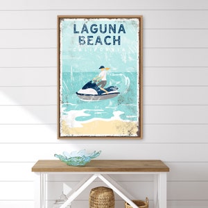 custom jetski artwork > vintage beachhouse decor canvas, ocean jetskiing sign for nautical house, surfboard artwork, Laguna Beach sign {vpb}