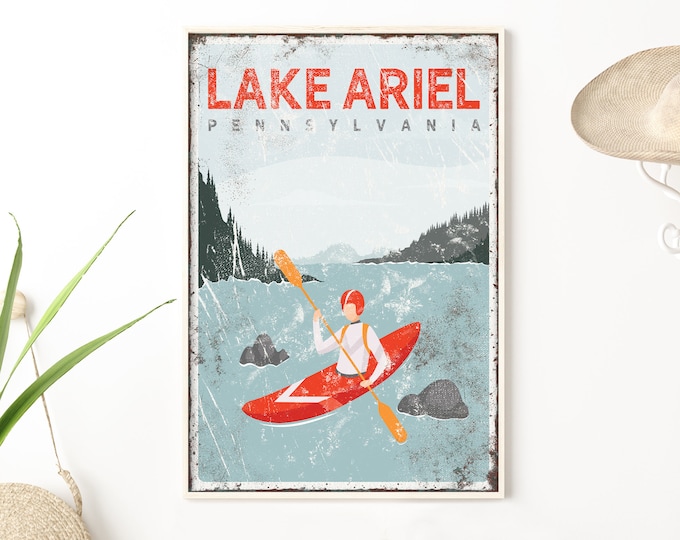 vintage lake sign > personalized lakehouse decor, rustic kayak wall art, modern farmhouse art print for lake house (Lake Ariel) {VPLKMLNR}
