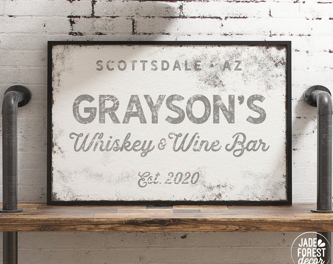 vintage WHISKEY & WINE BAR sign > personalized wall art with family name • rustic farmhouse bar decor • distressed white + gray canvas {nvw}