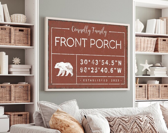 personalized FRONT PORCH sign, personalized last name canvas, custom coordinates, grid sign with bear icon, country cabin wall signs {gdb}