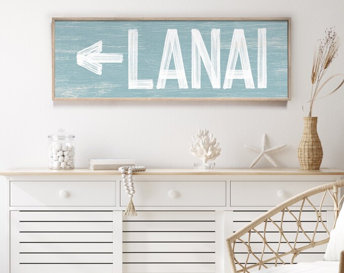 Vintage LANAI sign for above door, tide blue lanai sign with left arrow, faux distressed wood art, lanai wall decor {pwo}