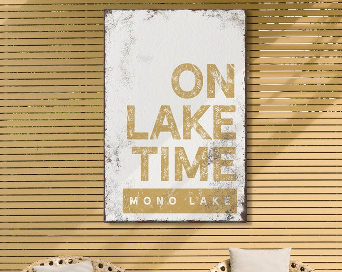 yellow "ON LAKE TIME" sign > vintage Mono Lake wall art for farmhouse decor, xl framed canvas, butternut yellow lakehouse sign {brw}