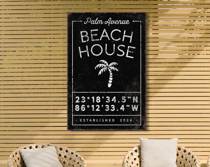 vintage BEACH HOUSE sign with Palm Tree, can be personalized, last name canvas with custom coordinates and text, black and white beach decor