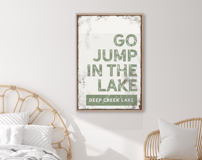 green GO JUMP in the LAKE sign > vintage Lake Cumberland wall art for “lake house decor”, vintage farmhouse, seagrass green lake sign {brw}