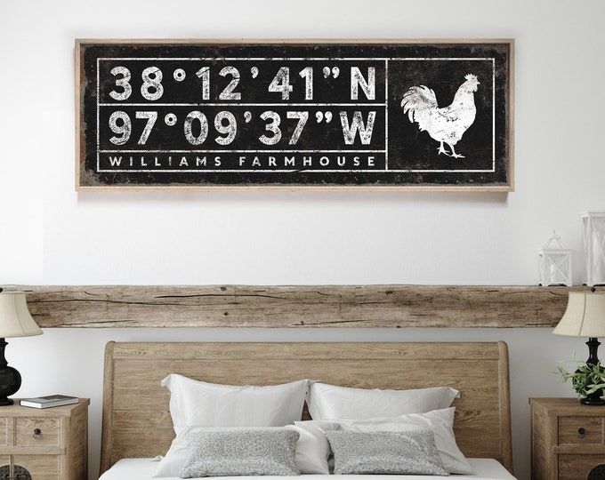 black FARMHOUSE sign > rooster wall art, vintage coordinates farm house decor, personalized chicken art with latitude & longitude {sgb}