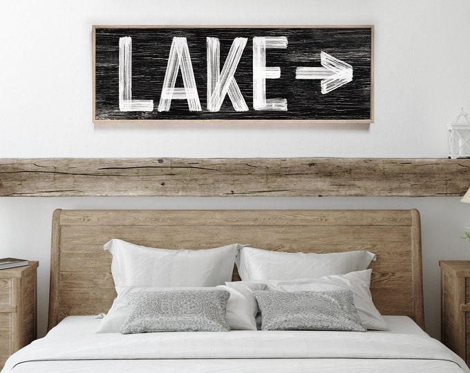 Black LAKE house decor > black and white lake sign with arrow pointing right, faux weathered wood, coastal wall art for above couch {pwb}