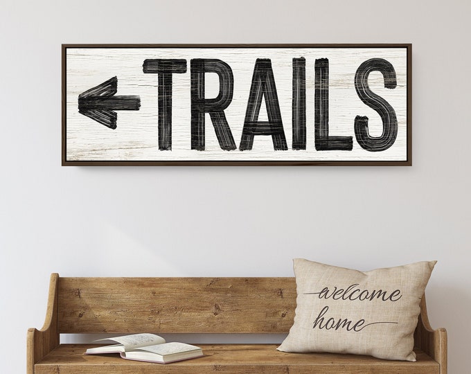 Vintage lodge decor > black and white TRAILS sign with arrow pointing right, faux weathered wood, ski house wall art for above couch {pww}