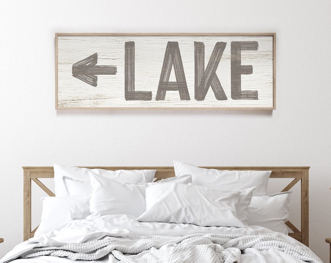 Lake house decor wall art > Vintage LAKE sign with arrow, taupe gray brown art print, right or left arrow, faux weathered wood canvas {pww}