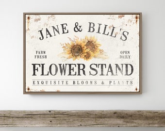 Personalized FLOWER STAND sign • Antique fall decor canvas • Custom vintage harvest farmhouse decor • Sunflower corn wheat wall art {asw}