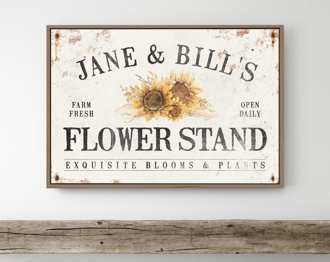 Personalized FLOWER STAND sign • Antique fall decor canvas • Custom vintage harvest farmhouse decor • Sunflower corn wheat wall art {asw}