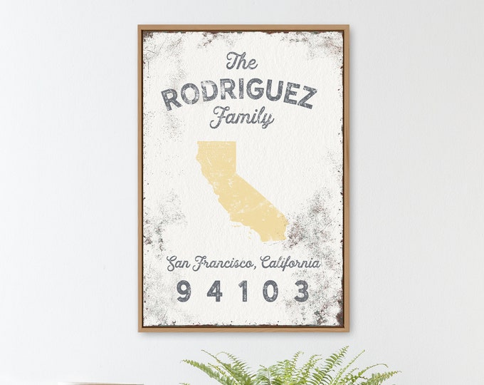 custom LAST NAME sign > rustic farmhouse decor, personalized state print with zip code and family name (San Francisco, California)