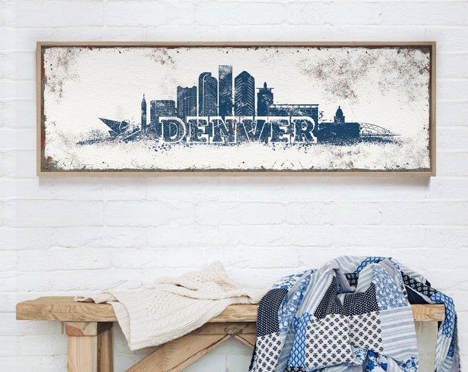 DENVER SKYLINE sign > navy blue skyline art print for modern farmhouse decor, extra large wall art, custom Colorado canvas