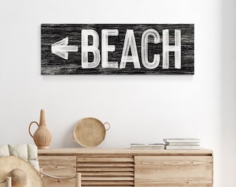 Vintage BEACH sign with arrow to ocean, distresssed black beach house decor, coastal farmhouse sign, faux white weathered wood canvas {pwb}