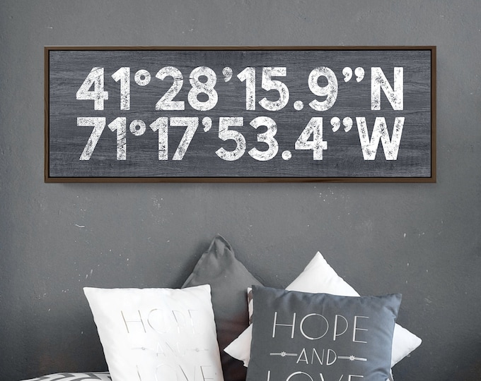 Slate GPS COORDINATES Sign > Custom location lattitude + longitude sign, Distressed farmhouse print, Blue gray canvas wall art print