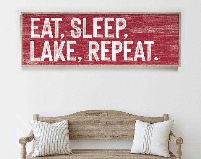 modern lake sign > Eat, Sleep, Lake, Repeat canvas print, LAKE HOUSE decor, red and white wall art, lakehouse wall art gift {pwo}