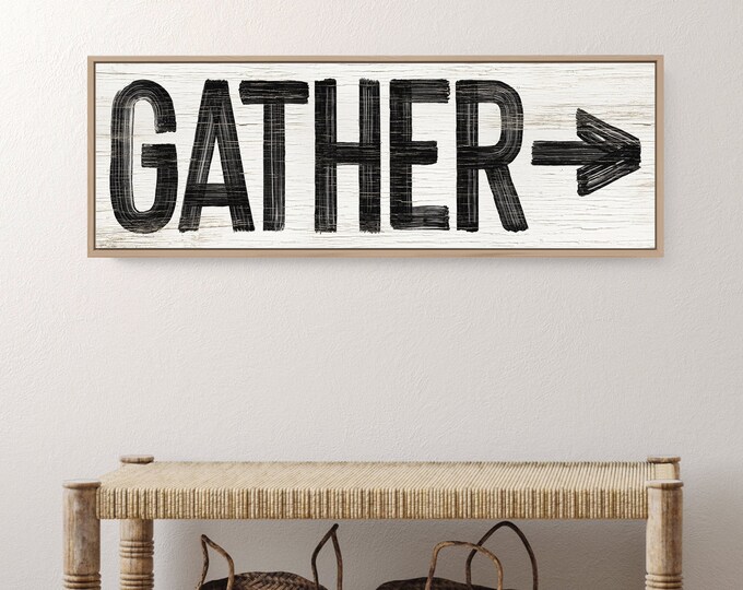 large GATHER sign for above couch > vintage gather canvas wall art, modern white farmhouse decor, faux weathered wood canvas {pww}