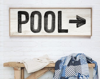 weathered white POOL sign with arrow > black and white swimming pool art, faux distressed wood, swim wall art for above couch {pww}