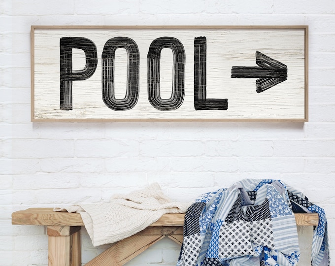 weathered white POOL sign with arrow > black and white swimming pool art, faux distressed wood, swim wall art for above couch {pww}