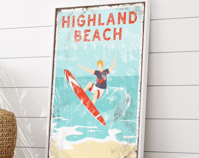 vintage surf art for beach house decor > personalized surfing artwork for nautical beachhouse, Highland Beach sign, Florida art print {vpb}