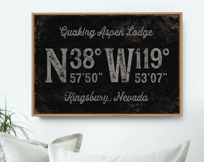 vintage LODGE sign with location coordinates > antique cabin art print, distressed gray wall art for farmhouse home decor {gpb}