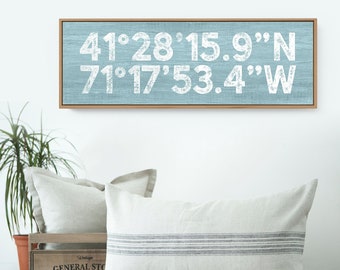 Tide Blue COORDINATES Sign > Distressed farmhouse print, Custom GPS location latitude + longitude sign, canvas wall art print {s}