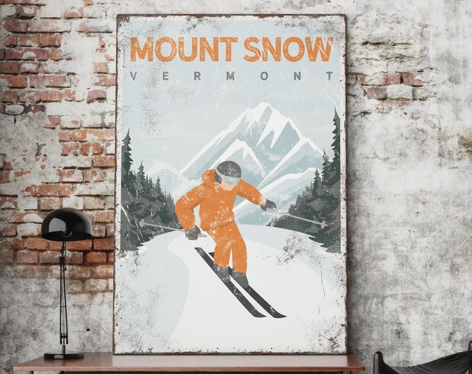 Custom MOUNT SNOW poster • Orange Vermont ski mountain wall art • Vintage travel art canvas • Ski gift for boyfriend • Ski house decor {vpw}