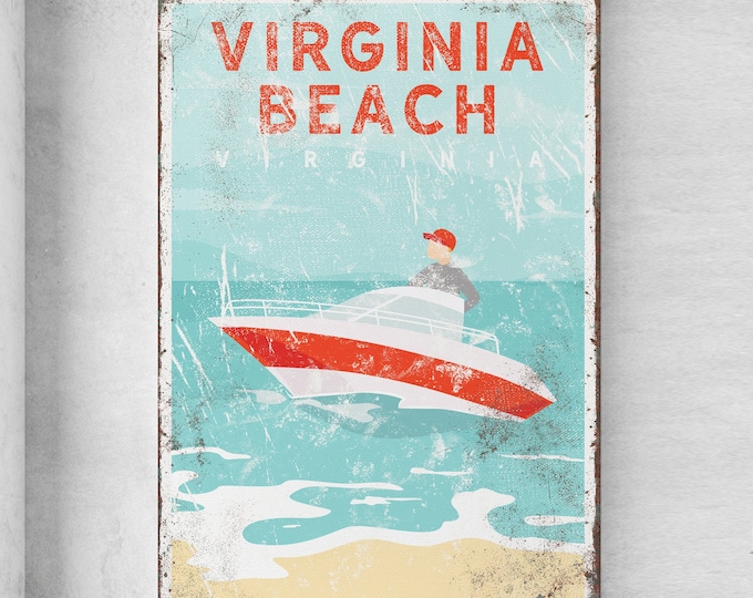 vintage boating sign > personalized motor boat canvas for Virginia Beach house decor, large canvas for nautical beachhouse decor {vpb}