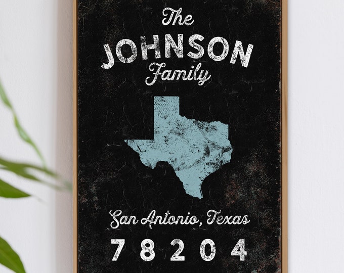 personalized FAMILY NAME print > country farmhouse sign, custom state artwork with last name and zip code (San Antonio, Texas)