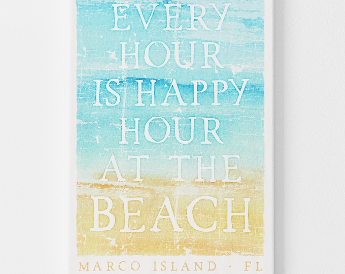 weathered bar sign for beach house > vintage "every hour is happy hour" poster canvas, turquoise blue beachhouse wall art (Marco Island)