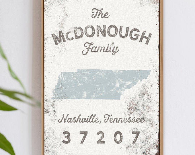 rustic LAST NAME sign > country farmhouse decor, personalized state artwork with family name and zip code (Nashville, Tennessee)
