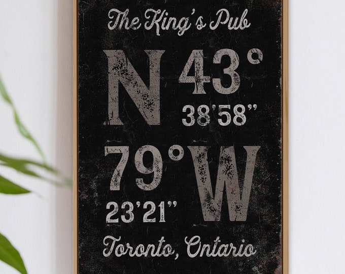 personalized COORDINATES print > custom family name canvas, taupe gray & black wall art for rustic farmhouse decor, vintage rusty sign {gpb}