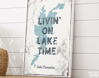 dusty blue LIVING on LAKE TIME sign > custom wall art for lake house decor, framed farmhouse canvas (personalized for Lake Champlain) {lsw}