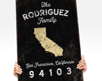 personalized FAMILY NAME sign > modern farmhouse decor, custom state art with family name and zip code (San Francisco, California)