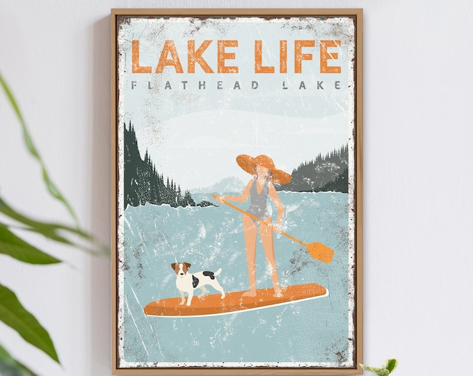 paddleboarding LAKE LIFE sign with personalized dog for vintage lake house decor {vpl}