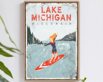 rustic lake house sign > custom lakehouse decor, vintage surfing poster, surfboard print for farmhouse (shown with Lake Michigan) {VPLSWLRR}