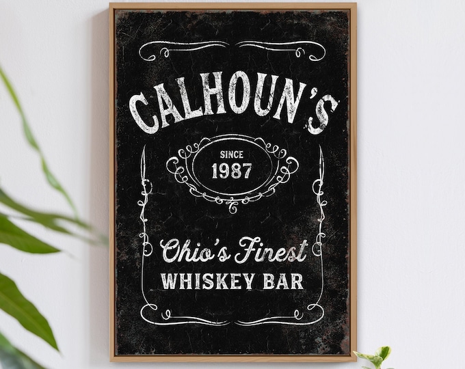 aged WHISKEY LABEL sign > vintage print for whiskey bar decor, large framed bar sign, custom farmhouse gift for him