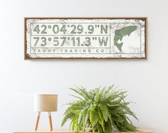 cabin COORDINATES sign with bass art > personalized lodge decor wall art, distressed green canvas print with custom GPS location {sgw}