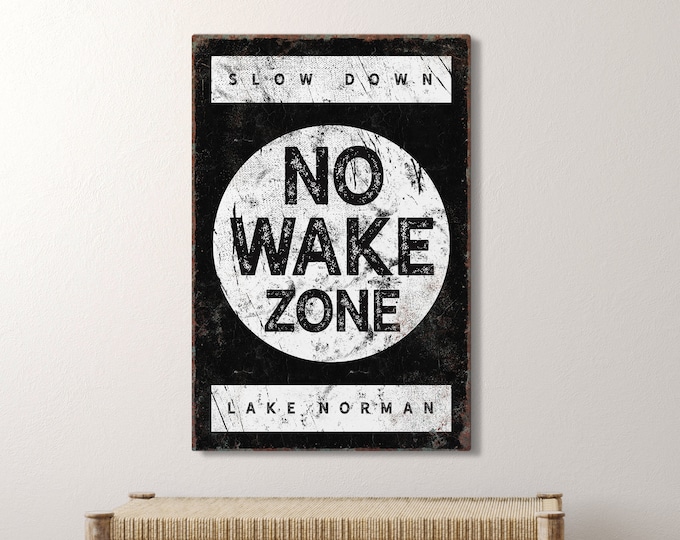 large Lake Norman sign > black and white "NO WAKE ZONE" print, vintage canvas for lake house decor, large framed lakehouse sign {b}