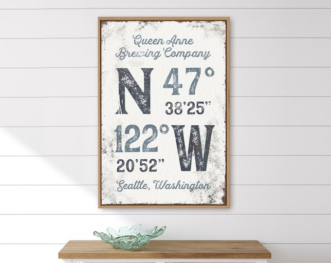 custom COORDINATES art print >  personalized family name sign, hale navy and blue art for modern farmhouse decor, rustic canvas print {gpw}