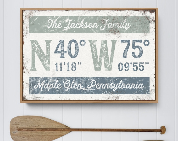 custom COORDINATES sign > personalized sage green & dusty blue last name canvas, longitude latitude GPS wall art, farmhouse art print {grw}