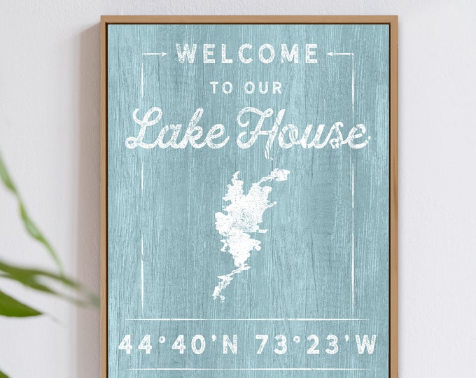 tide blue LAKE HOUSE canvas > custom coordinates sign, personalized farmhouse art print for lakehouse decor (shown: Lake Champlain) {lgo}