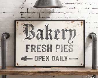 vintage BAKERY sign > custom arrow wall art • faux rusty white farmhouse decor • antique black and white canvas • gift for baker {asw}