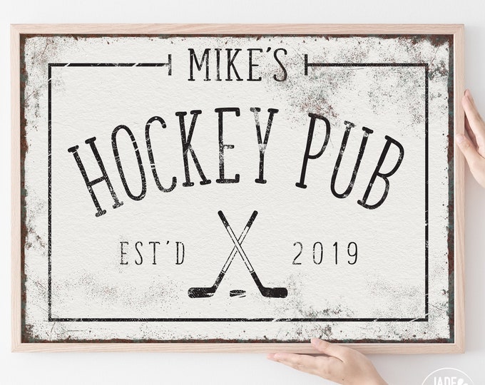 custom HOCKEY PUB poster > vintage black and white wall art for bar decor, large framed canvas with hockey sticks, sports bar sign