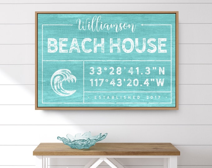 aqua BEACH HOUSE sign > personalized family name canvas for beachhouse decor, large coordinates print, framed ocean wave wall art {gdo}
