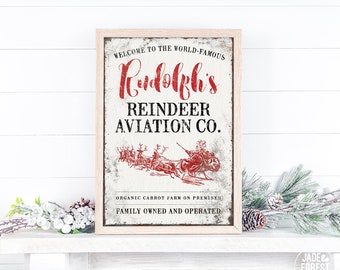 reindeer aviation company sign for vintage christmas decor • farmhouse holiday canvas print for above fireplace • nostalgic christmas gift
