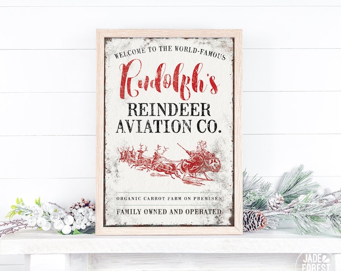 reindeer aviation company sign for vintage christmas decor • farmhouse holiday canvas print for above fireplace • nostalgic christmas gift