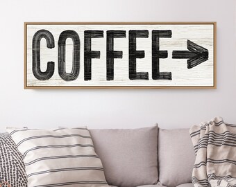 Vintage COFFEE sign with arrow > coffee bar decor for farmhouse kitchen, black and white lettering on faux weathered wood print {pww}